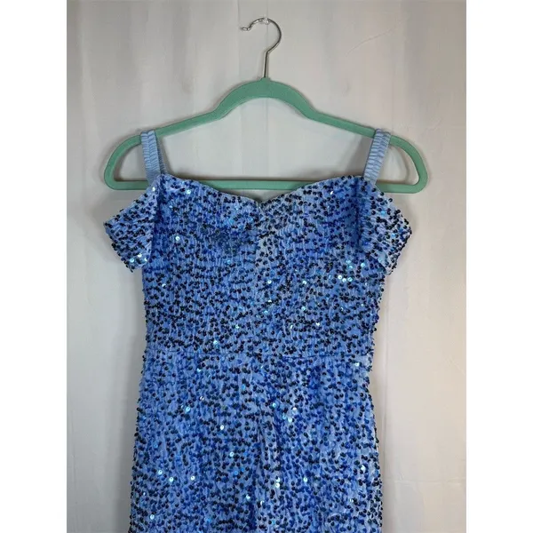 Womens Blue Sequin Ruched Bodycon Mini Dress Sweetheart Off Shoulder - Image 8