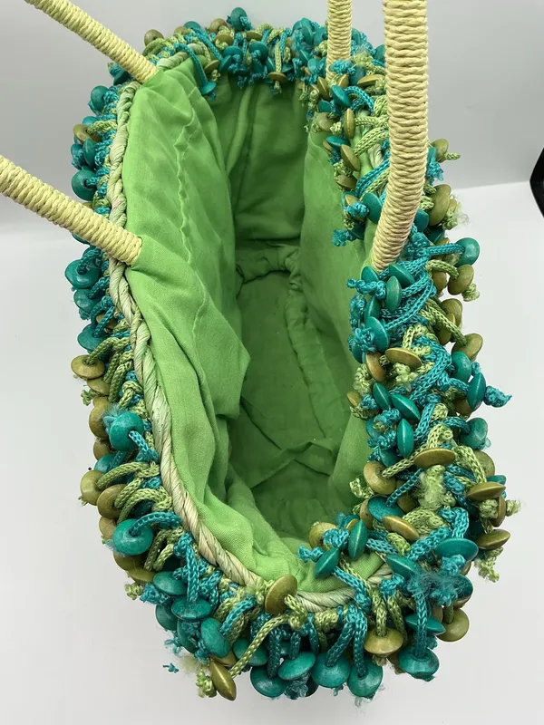 Woven straw tote bag with decorative trim and handles - Image 2