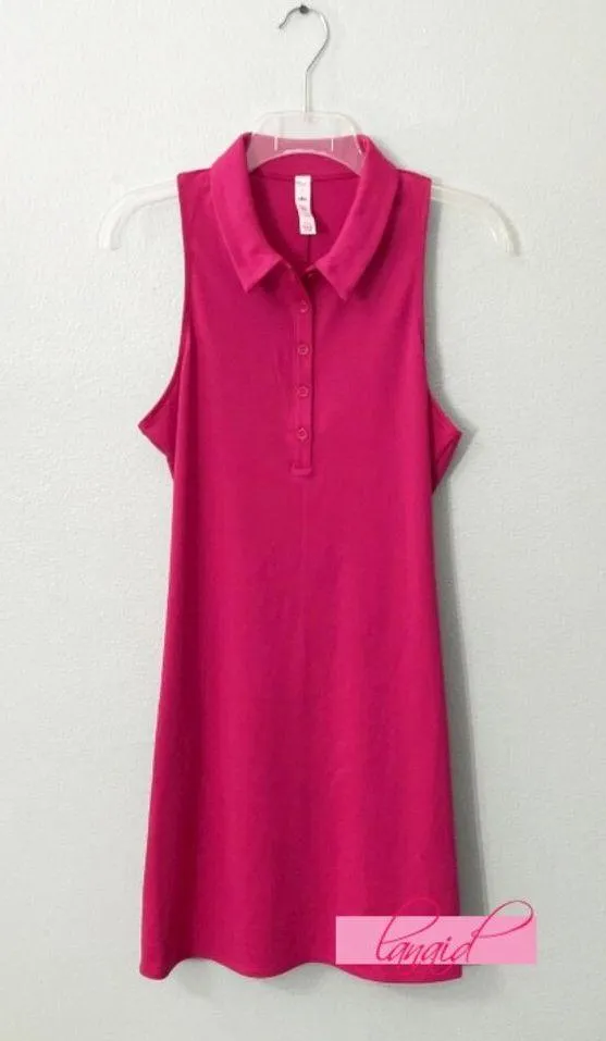 Alo Charmed Tennis Dress Magenta Crush Button-Up V-Neck Sleeveless Henley Mini L - Image 12