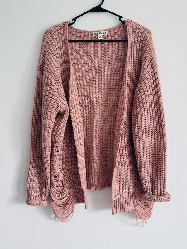 Blush Pink Chunky Knit Fringe Cardigan Oversized Boho Cozy Sweater - Image 2