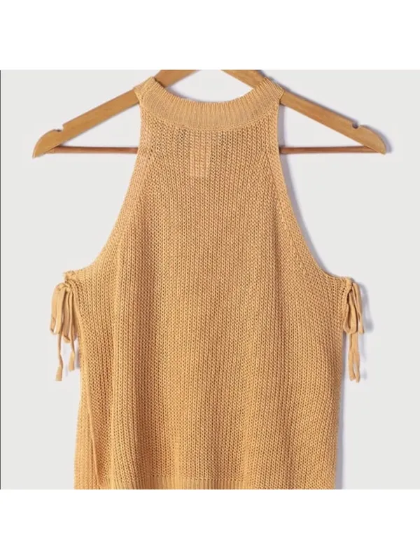 Lulus Sunny Style White Loose Knit Mock Neck Side Tie Tank Top Camel Size S - Image 6