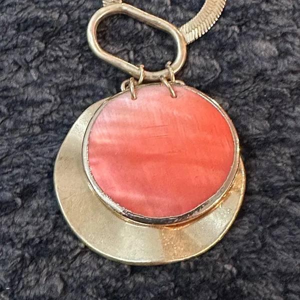 A New Day Necklace~Gold Plate~Coral Medallion~Herringbone Chain - Image 3