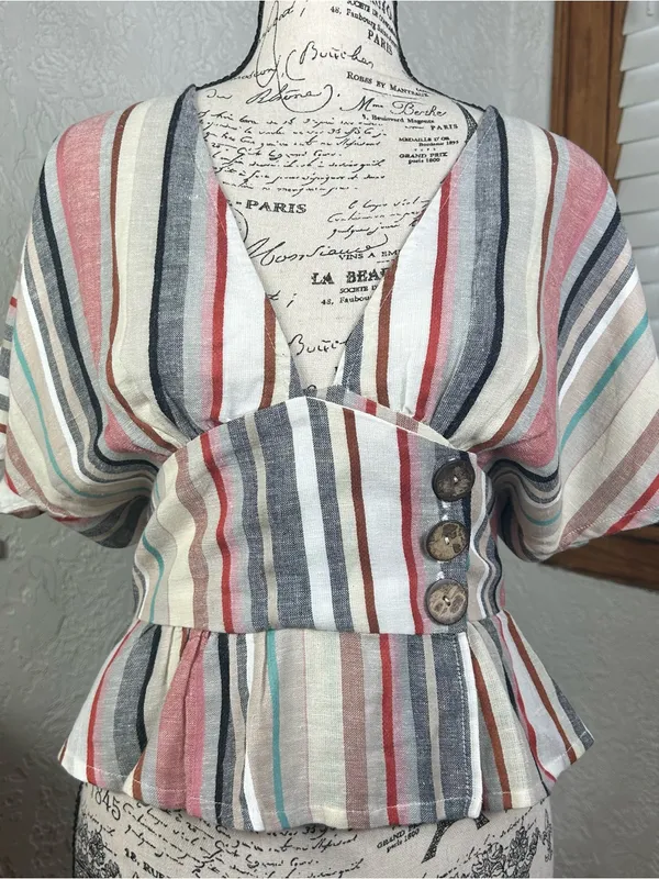 House Of Harlow x REVOLVE Striped Linen Blend Bell Sleeve V Neck Blouse Size S - Image 2
