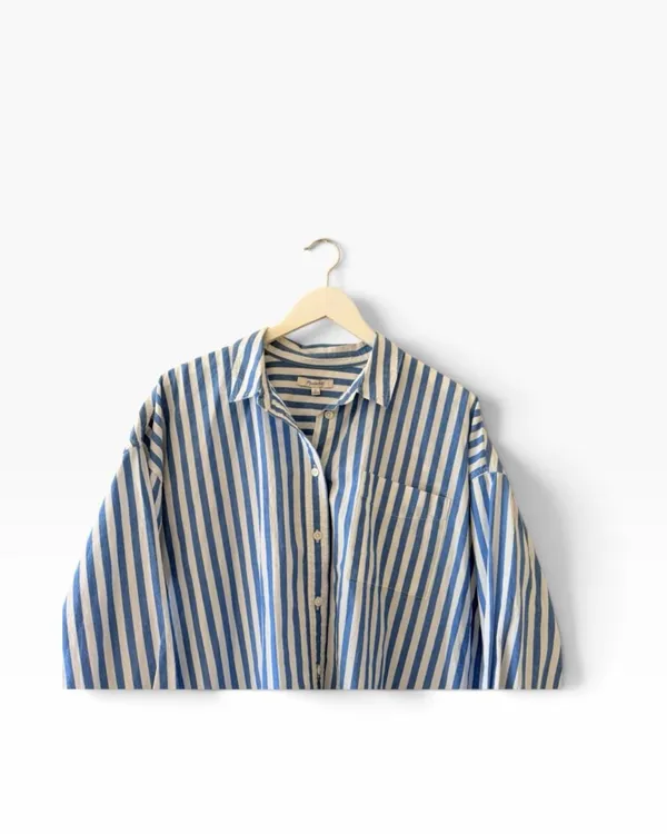 Madewell stripped Blue White Oversized Lagenlook Button Down Long SZ XL #2677 - Image 5