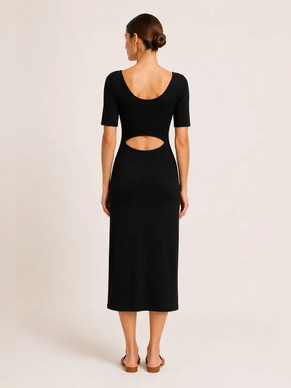 Theory Black Knit Midi Dress Open Back Cutout Minimalist Sheath S - Image 2
