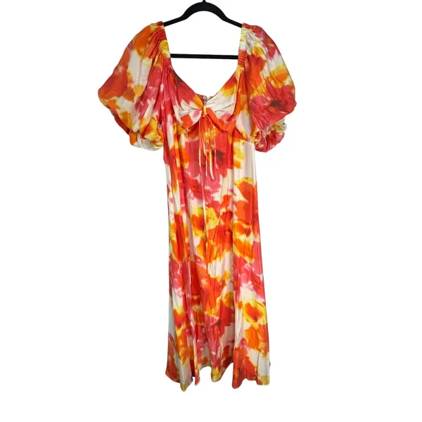 Alex Marie Monroe Floral Midi Dress Orange Red Tie‎ Dye Puff Sleeve Size 16 NEW - Image 2