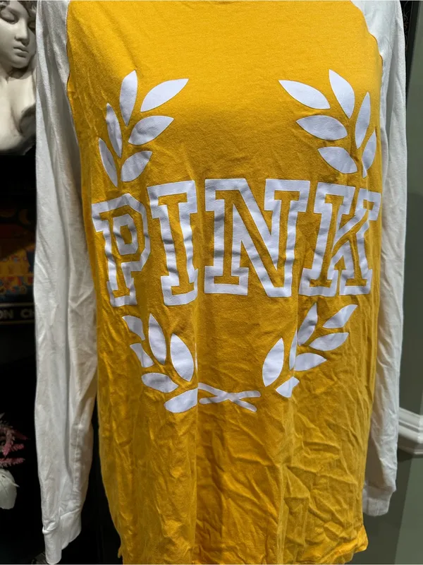 Victoria’s Secret PINK Long‑Sleeve Raglan Campus Tee – Yellow & White – Size Med - Image 3