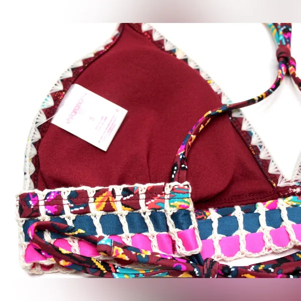 Xhilaration | Burgundy/Pink Multi Boho Floral Print Triangle Bikini Top - Image 4