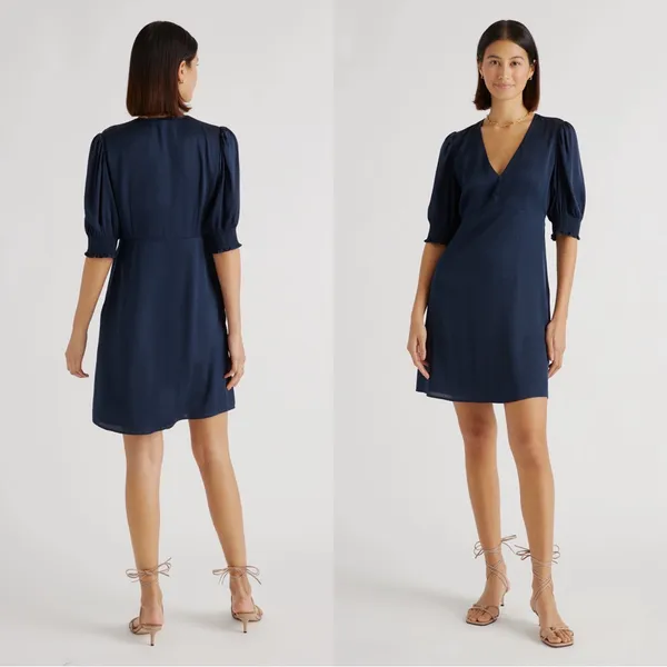 Quince • Washable Stretch Silk Puff Sleeve Mini Dress navy blue v neck - Image 12