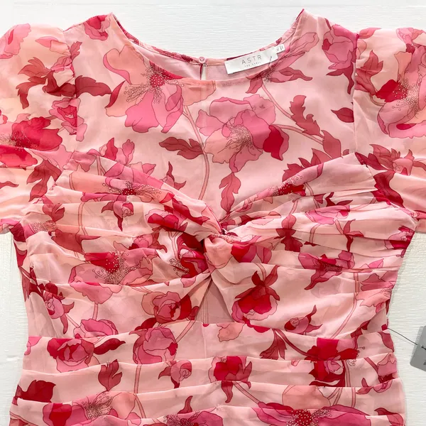 New Floral Print Twist Keyhole Front Long Sleeve Dress Pink Size XL - Image 18