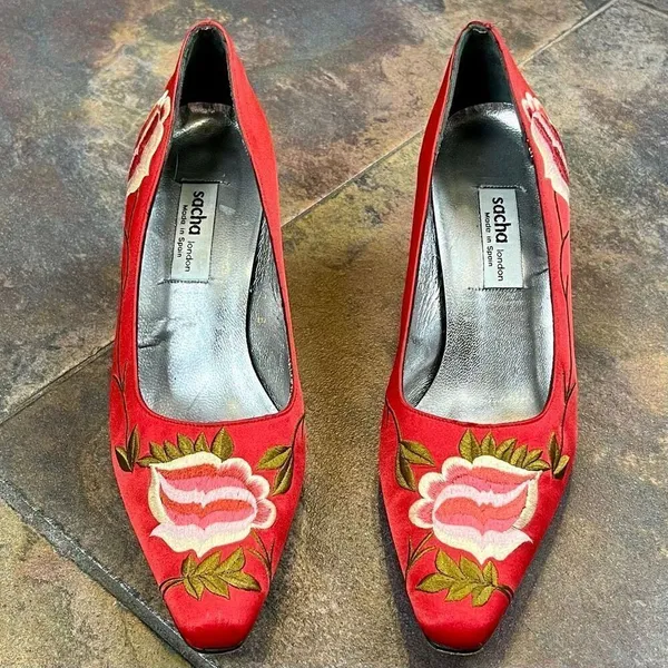 Sacha London Floral Embroidered Vintage Pumps Heels 7 - Image 3