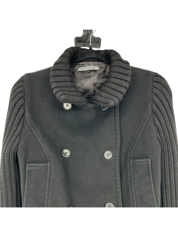 John Varvatos Cropped Pea Coat Knit Sleeves Black Women Size Small Military Punk - Image 3