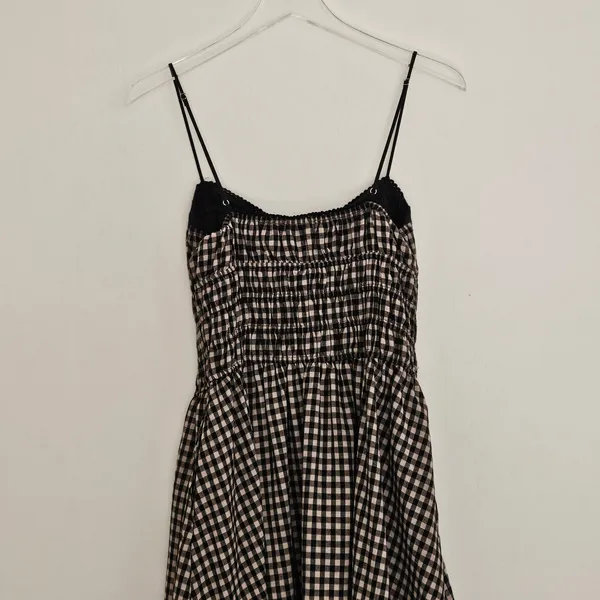 NIA Black Tan Gingham Smocked Midi Thomas Dress Lace Trim Pockets Womens Medium - Image 6