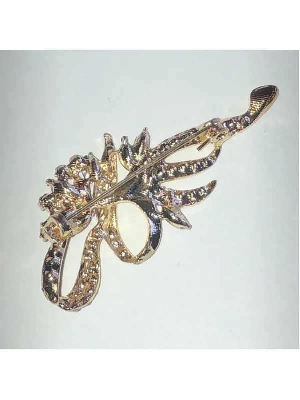 Elegant Gold Tone and Pink Rhinestone Floral Brooch - Image 4