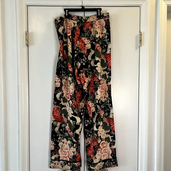Anna Sui Wide Leg Floral Pants Size 6 black red green - Image 4