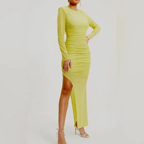 Vici Runched Lime Glitter Bodycon Maxi Long Sleeve Dress SMALL - Image 15