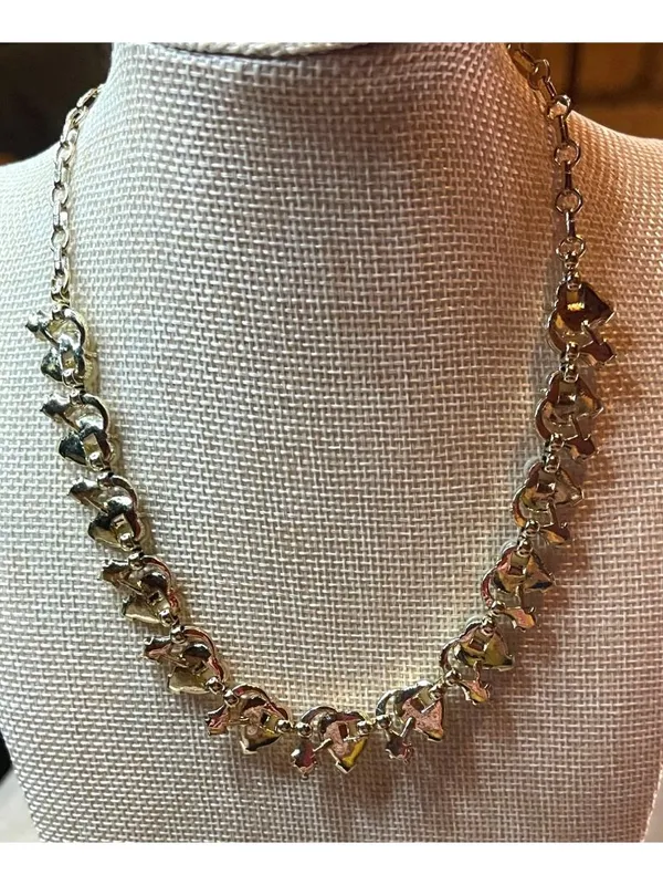 Vintage 80s Gold Faux Mother of Pearl Lucite Heart Rhinestone Choker Necklace - Image 6