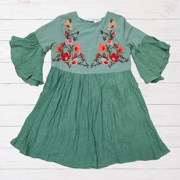 Umgee Embroidered Boho Mini Dress Sage Green Bell Sleeve Babydoll S - Image 2