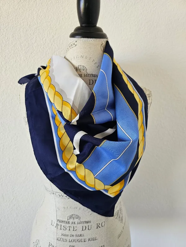 Vintage Nautical Square Scarf Gold Rope Link Navy Blue Sky Blue White 31x31​ - Image 3