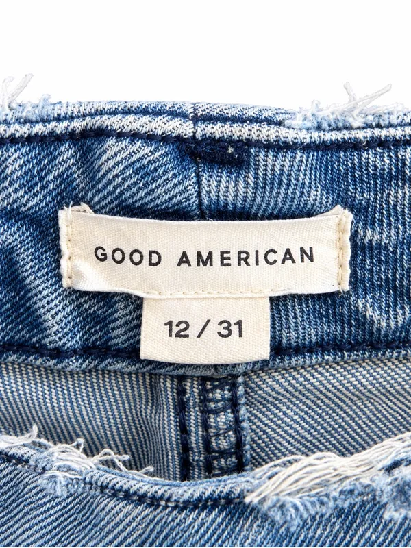 Good American Jeans 12/31 High Rise Straight Leg Light Wash Distressed Raw Hem - Image 2