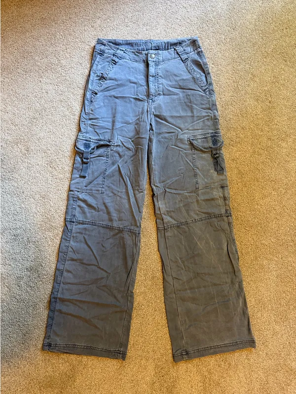American Eagle Grey/Blue Super High Rise Baggy Wide Leg Stretch Cargo Pants - Image 2