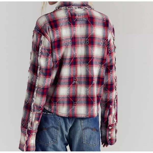 We The Free Free People Georgia Plaid Embroidered Button Down‎ Ruffle Shirt NWT - Image 2