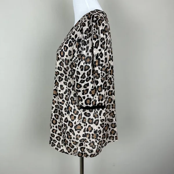A New Day Top Womens Large Leopard Animal Print‎ Short Sleeve Sheer Blouse L - Image 8