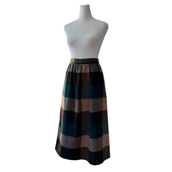 Vintage ‘80s Shelly’s Tall American Beauty Brown & Teal Wool A-Line Midi Skirt - Image 4