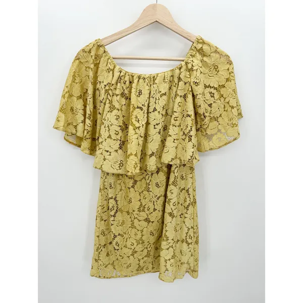 Poema Yellow Lace Floral Off Should Tunic Top Mini Dress Layered Women Small/Med - Image 2