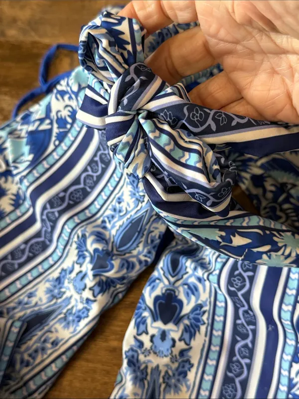 Blue Boho Mosaic High-Waist Halter Bikini Large Modest - Image 6
