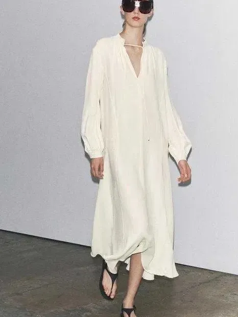 Zara ZW Collection Oyster White V-Neck Tie Front Long Sleeve Midi Dress Large - Image 2