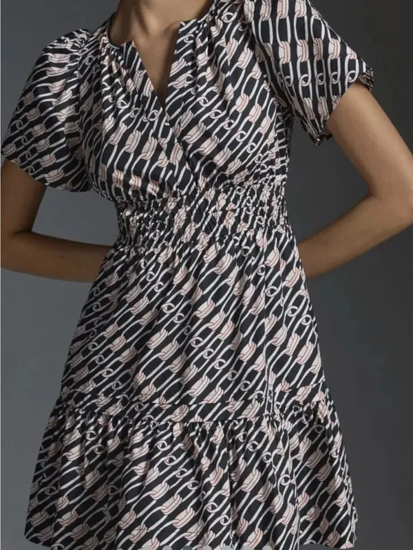 Anthropologie Somerset Cotton Smocked Waist Mini Dress Navy Link Pattern Large - Image 2