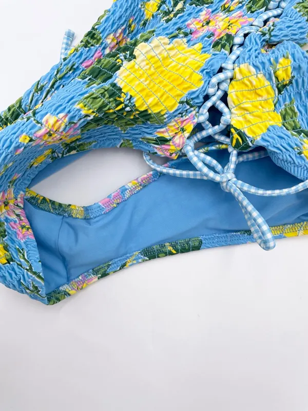Aerie Smocked Plunge One Piece Swimsuit Size Small Blue Yellow Floral Beachy - Image 14