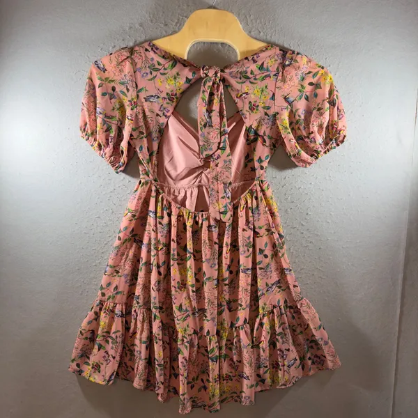 1709 | NWT Cottagecore Boho Floral Puff Sleeve Tie Back Mini Dress Pink Womens M - Image 4