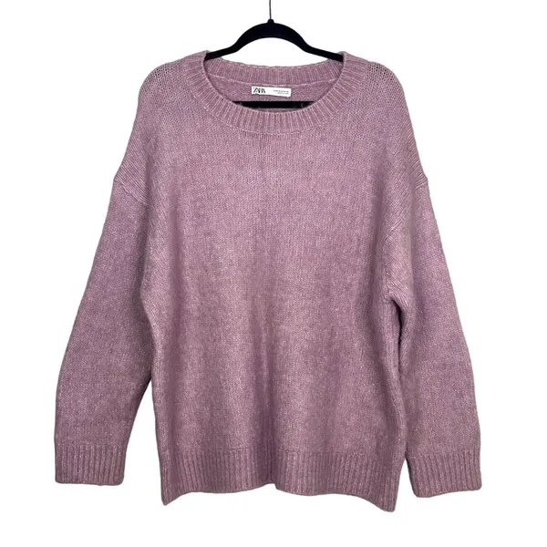 ZARA Oversized Ribbed Hem Long Sleeve Round Neck Pullover Sweater M Purple - Image 2