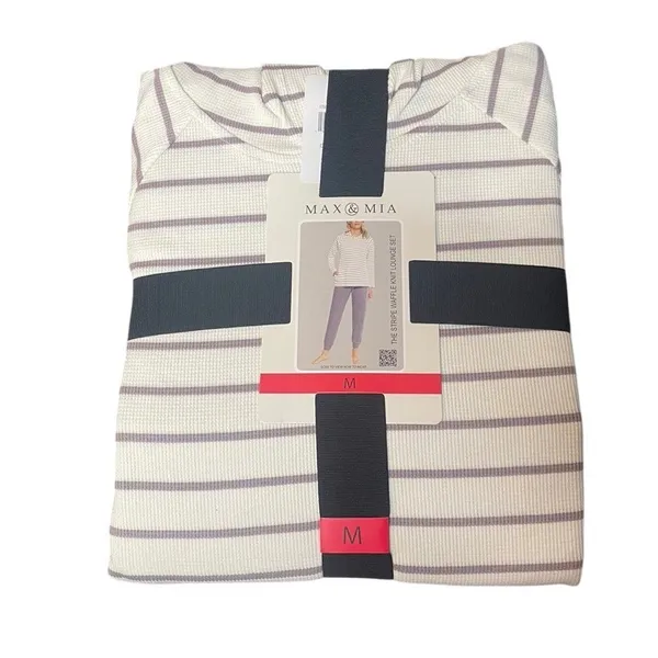 Max & Mia Womens Stripe Waffle Knit Lounge Set Dusty Plum White Medium 1815321‎ - Image 2