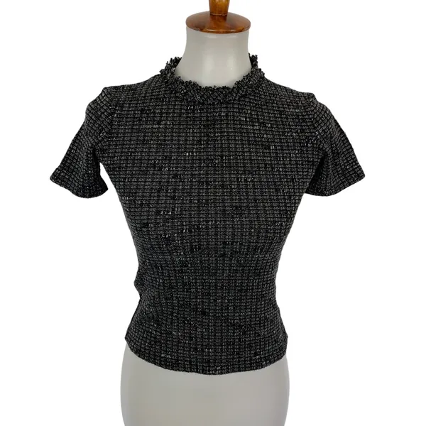 Zara Knit Top Small Gray Black Short Sleeve Stretch Y2K Preppy Chic - Image 3