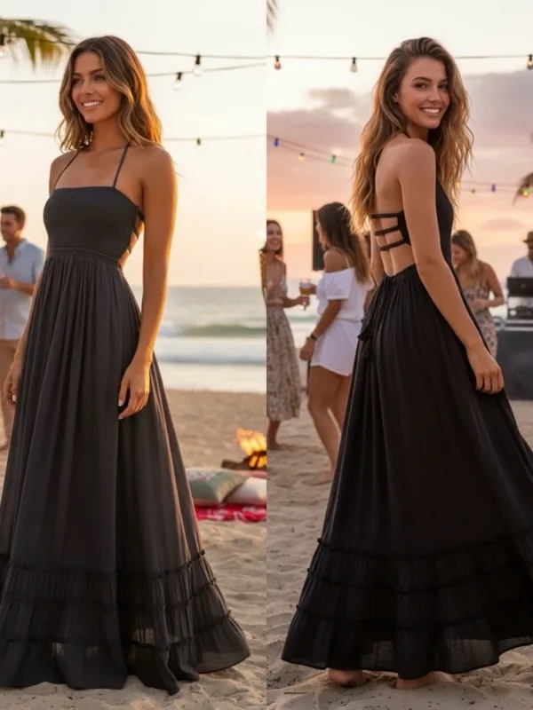HYFVE Black Halter Smocked Maxi Dress with Tiered Ruffle Hem L - Image 2