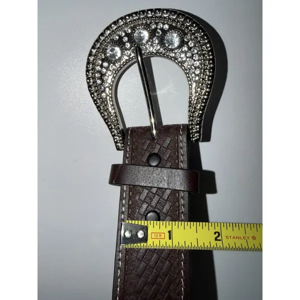 Women's Size M 38" Western Rhinestone Belt Brown Faux Horse Hair Silver Buckle‎ - Image 7