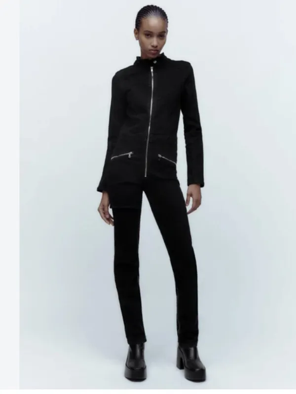 NWT ZARA Black Zip Denim Jumpsuit Long Sleeve Moto Utility XS 8197/247 Stretch - Image 3