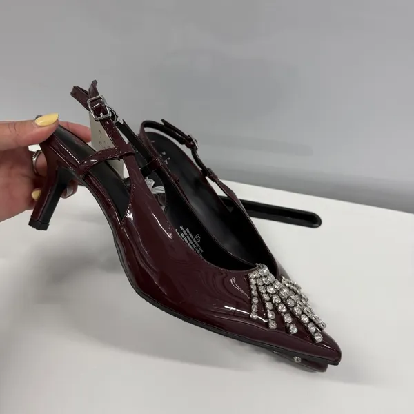 A New Day Burgundy Patent Rhinestone Slingback Pumps Pointed Toe Heels 9.5 - Image 2