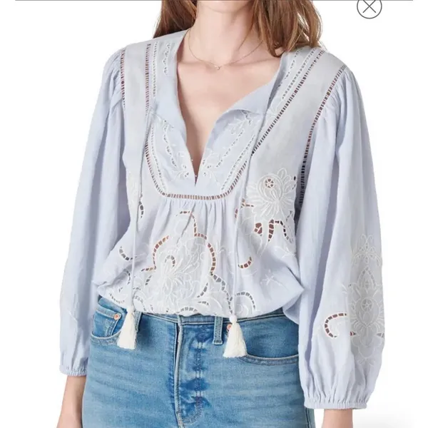 Lucky Brand Embroidered Cotton Peasant Blouse Chambray Blue Women's Size XS NWT - Image 6
