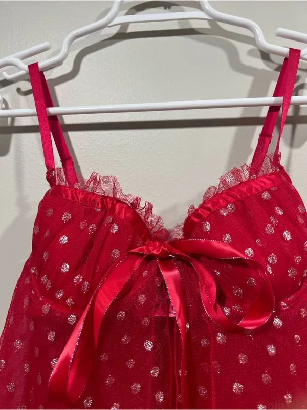 Victoria's Secret Red Sheer Polka Dot Babydoll Chemise Size 34B - Image 2