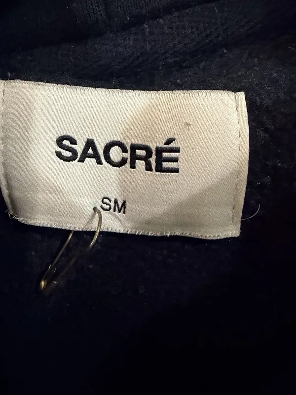 SACRÉ Black Pullover Hoodie S/M Fleece Kangaroo Pocket Minimalist Sweatshirt - Image 7