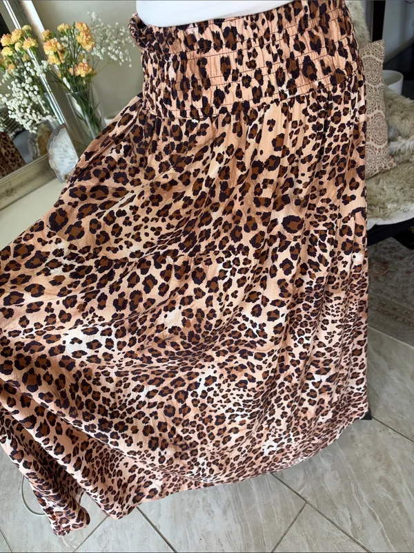 Paper heart pull on boho leopard print linen maxi skirt L - Image 10