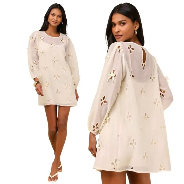 Lulus Aamira Cream Embroidered Bow Blouson Sleeve Shift Mini Dress size S NWOT - Image 2
