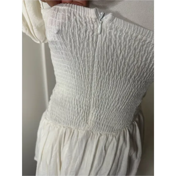 Charming Off-White/Cream Ruched Mini Dress – Puff Sleeves & Smocked Back small - Image 7