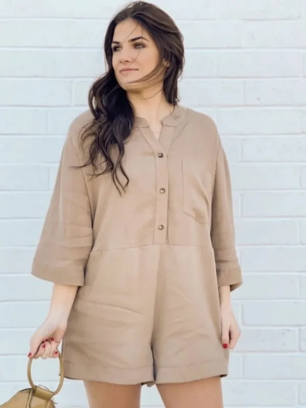 Show Me Your Mumu Horton Romper Sz L Boho Chic Western Minimalist Coastal Khaki - Image 4