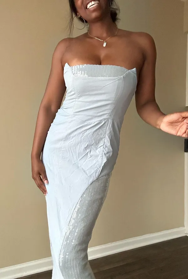 Anthropologie Light Blue Grey Strapless Midi Dress Size 8 - Image 4