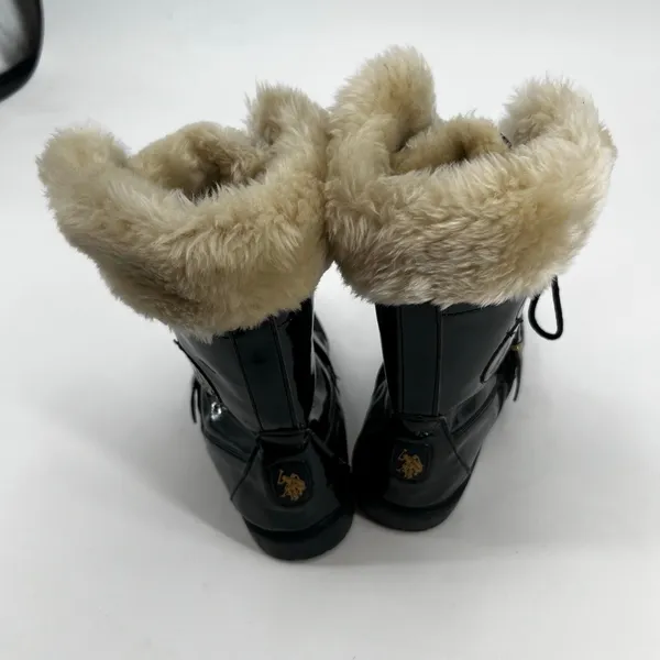 US Polo Assn Madison patent Black & Cream Faux Fur Lined Boots lace up logo 6.5 - Image 5